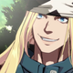 Guilty Gear character Axl Low, his long blonde hair falling out beneath a black and white beanie, smirks at the camera.